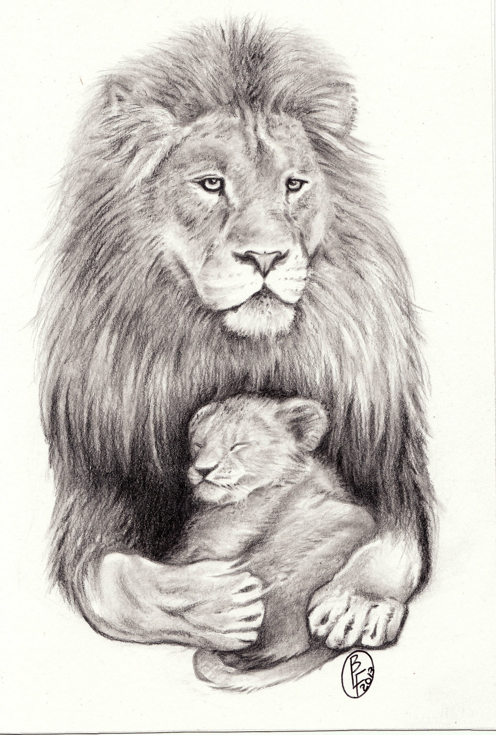 Grey Ink Lion With Cub Tattoo Design By Bonneville
