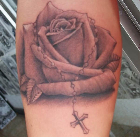 Grey Ink Rose With Rosary Cross Tattoo Design