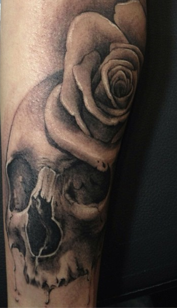 Grey Ink Rose With Skull Tattoo Design For Arm