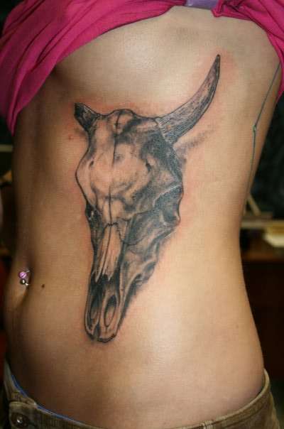 Grey Ink Taurus Skull Tattoo On Girl Side Rib