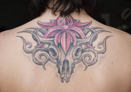Grey Ink Taurus Skull Tattoo On Upper Back