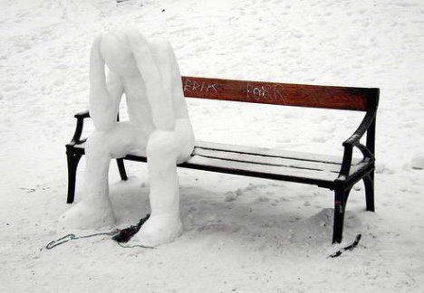 Headless Snowman Sitting On Bench Funny Picture