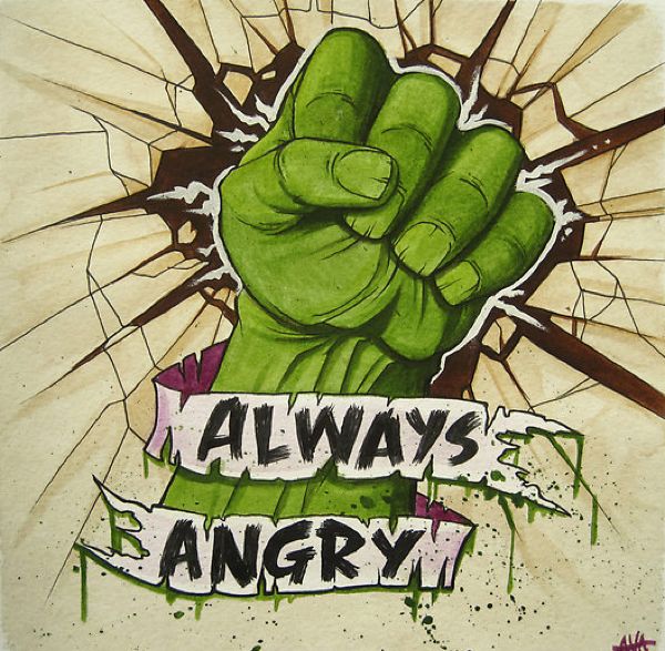 Hulk Hand With Always Angry Banner Tattoo Design