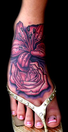 Lily and Purple Rose Tattoo On Right Foot