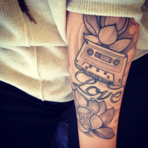 Love - Cassette With Flowers Tattoo Design For Arm