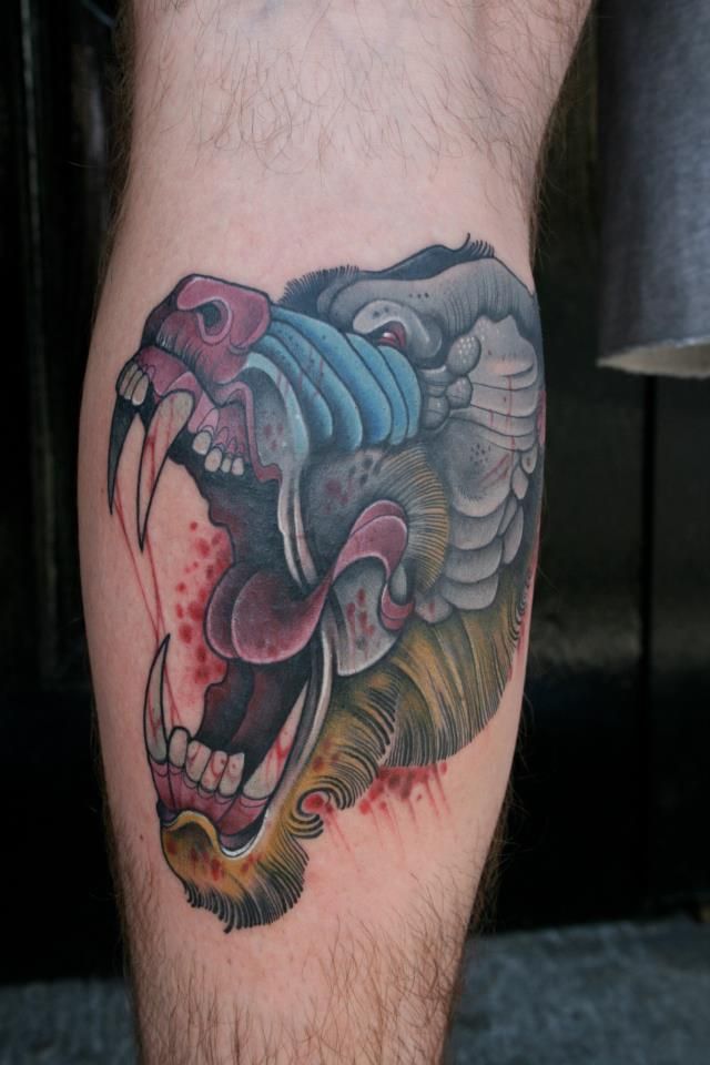 Mandrill Tattoo On Leg by Mitch Allenden