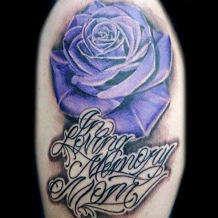 Memorial Purple Rose Tattoo On Shoulder By Julian Hernandez