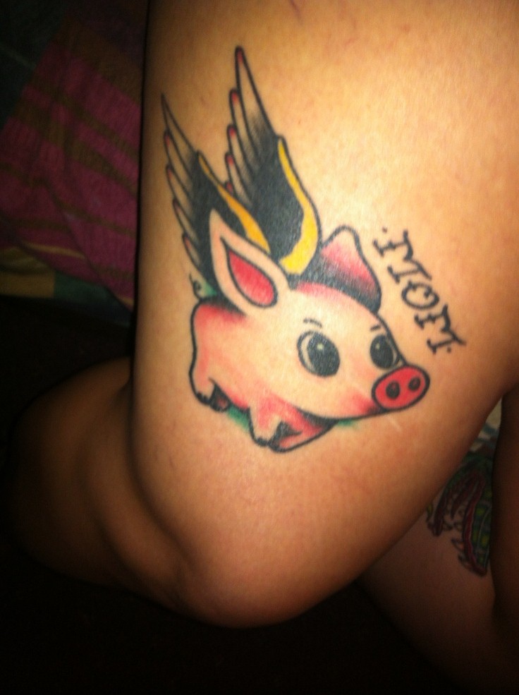 Mom - Cute Pig With Wings Tattoo On Thigh