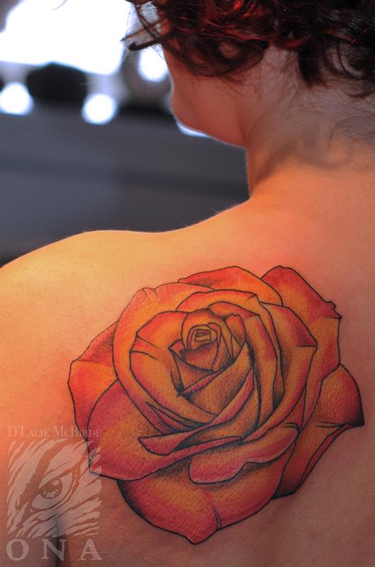 Orange Rose Tattoo On Left Back Shoulder