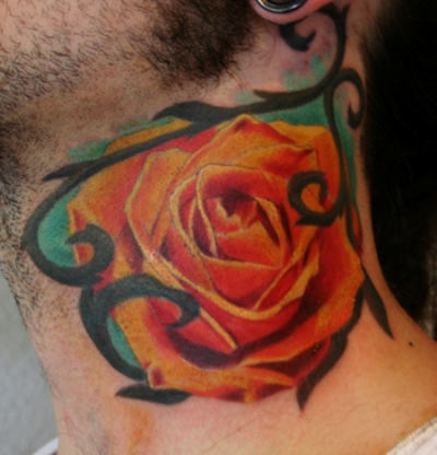 Orange Rose Tattoo On Man Side Neck