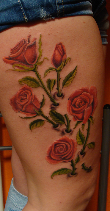 Orange Roses With Leaves Tattoo On Right Thigh