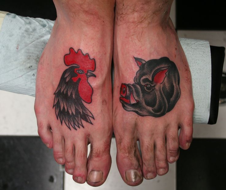 Pig And Cock Head Tattoos On Feet
