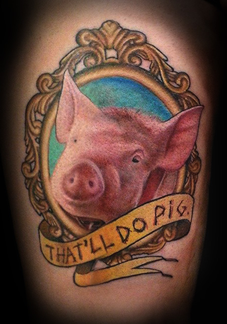 Pig Face In Frame With Banner Tattoo Design By Martin Moore