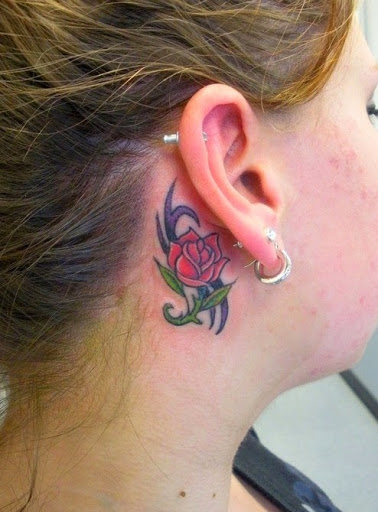 Pink Rose Tattoo On Girl Behind The Ear