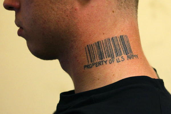 Property Of US Army - Barcode Tattoo On Man Side Neck