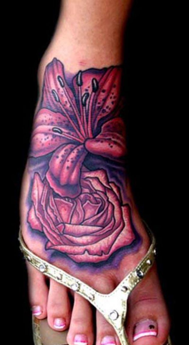 Purple Rose And Lily Flowers Tattoo On Foot