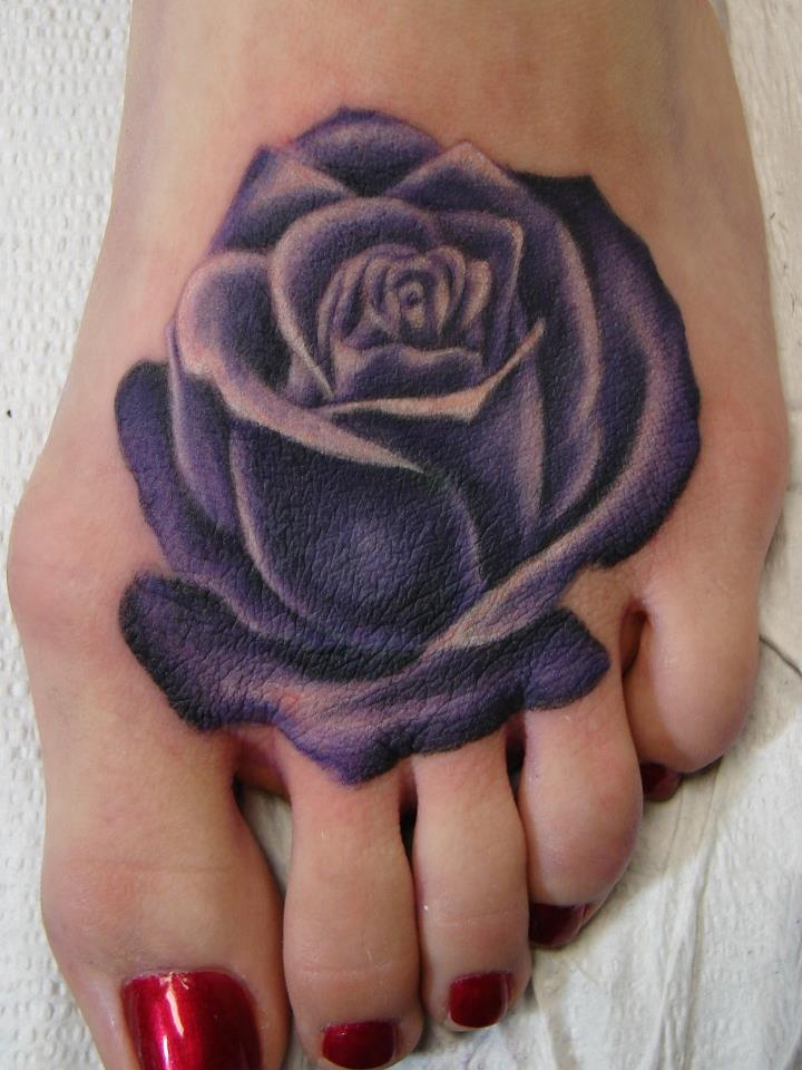Purple Rose Tattoo On Girl Foot