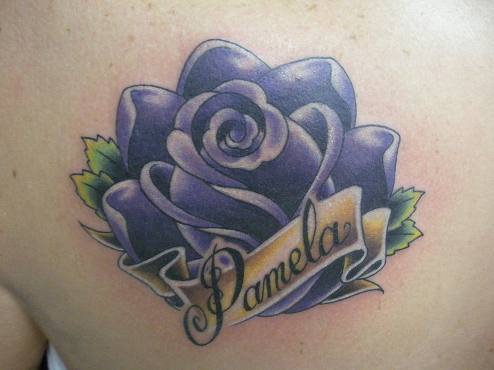 Purple Rose With Banner Tattoo Design