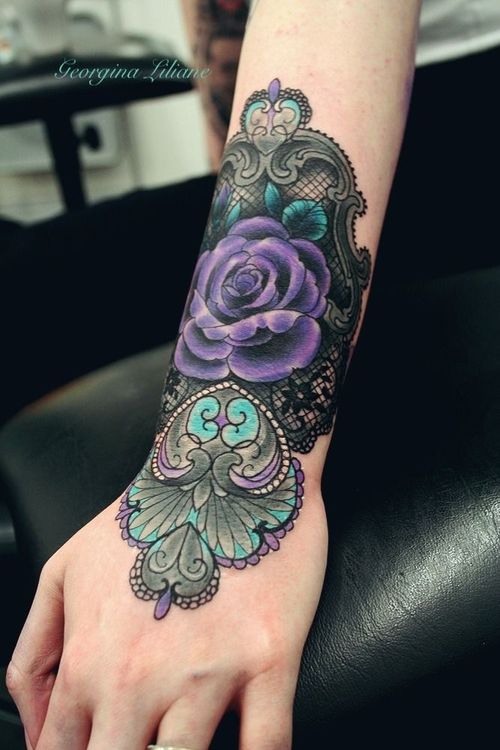 Purple Rose With Lace Tattoo On Upper Wrist