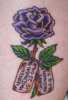 Purple Rose With Two Tags Tattoo Design