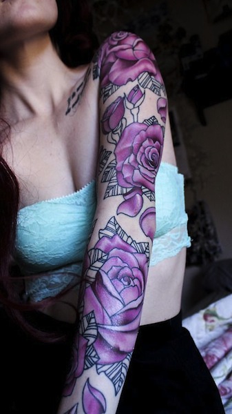 Purple Roses Tattoo On Girl Left Full Sleeve