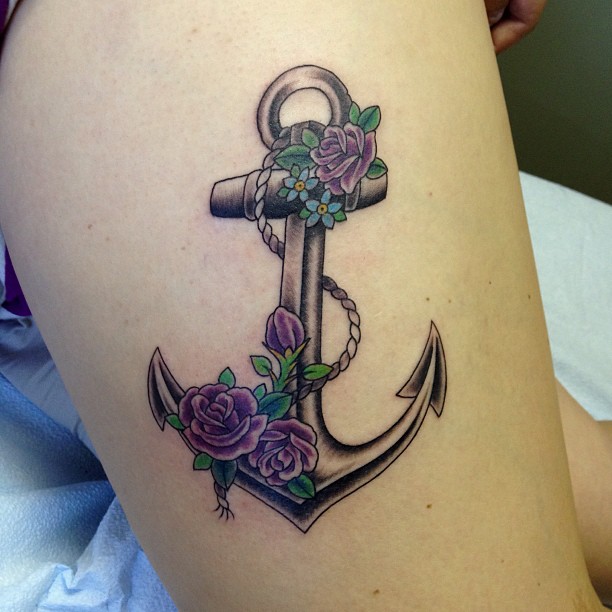 Purple Roses With Anchor Tattoo Design For Sleeve