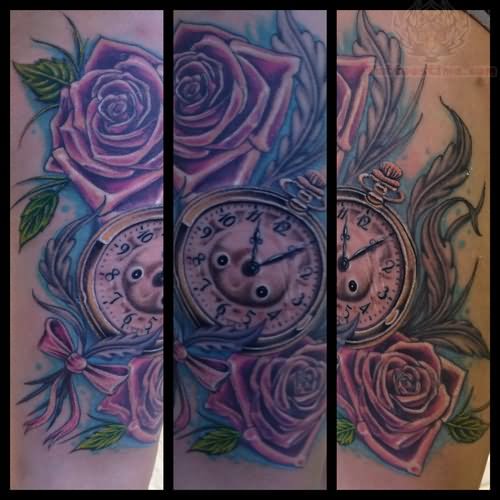 Purple Roses With Pocket Clock Tattoo Design