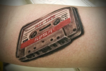 Realistic Cassette Tattoo Design For Arm