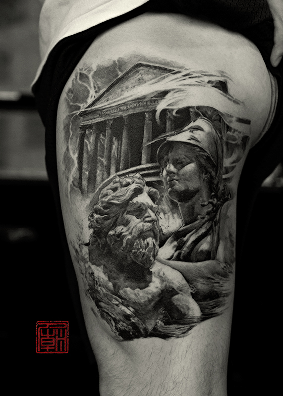 Realistic Greek Man And Women Tattoo On Side Thigh