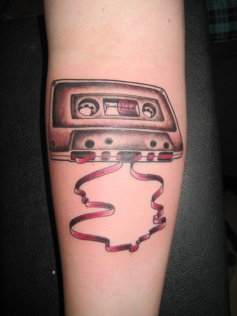 Red And Black Cassette Tattoo Design For Forearm