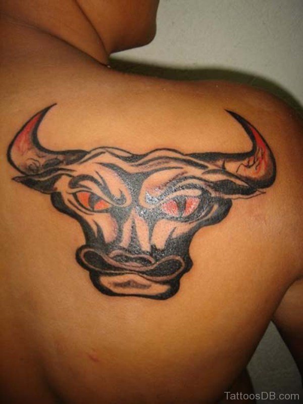 Red And Black Taurus Head Tattoo On Right Back Shoulder