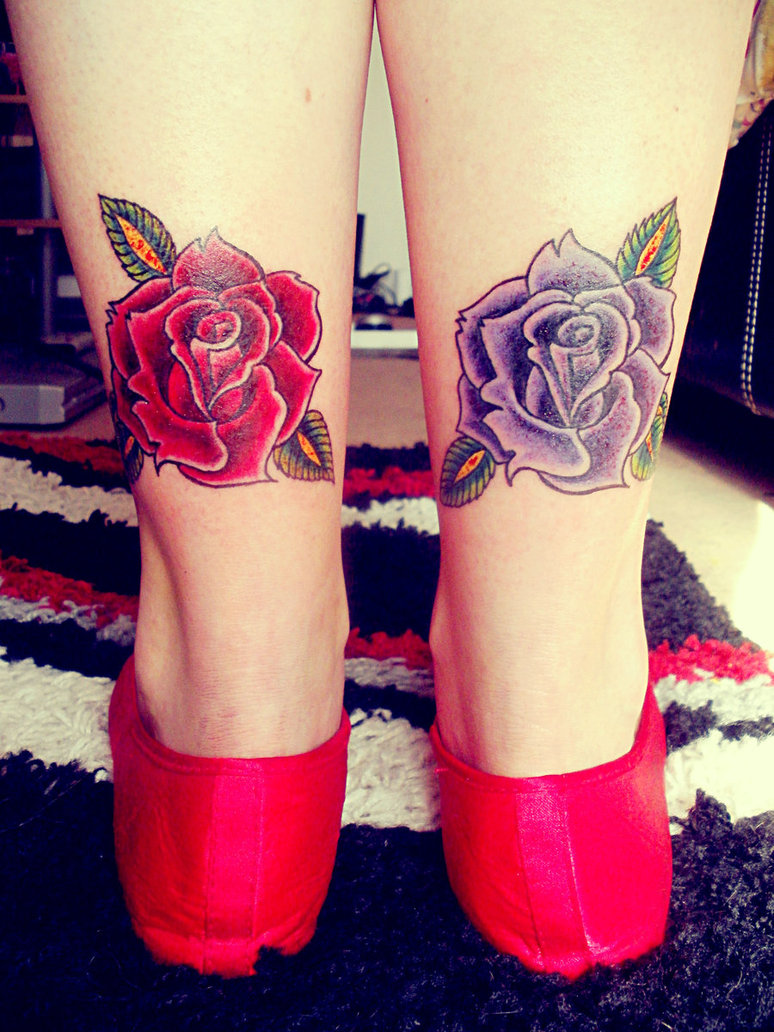 Red And Purple Two Roses Tattoo On Both Leg By Laura Jane Harding