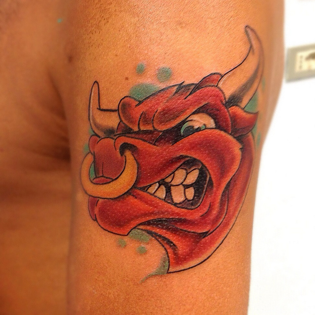 Red Angry Taurus Head Tattoo On Half Sleeve