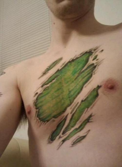 Ripped Skin Hulk Skin Tattoo On Man Chest