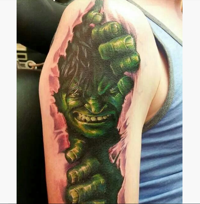 Ripped Skin Hulk Tattoo On Right Half Sleeve