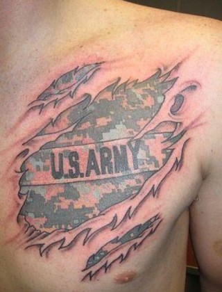 Ripped Skin US Army Banner Tattoo On Man Chest