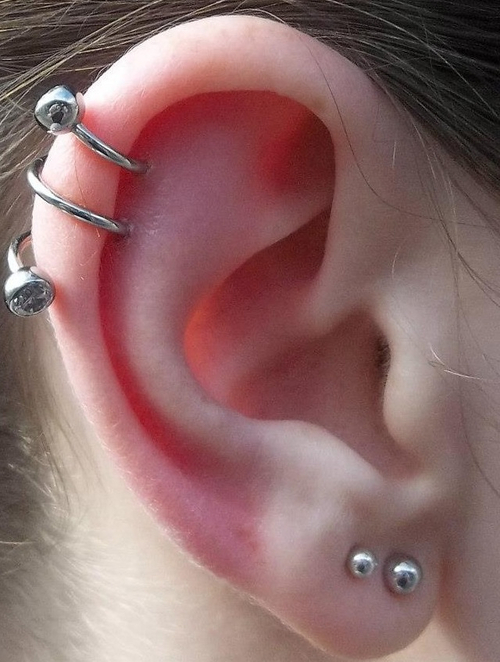 Silver Studs Double Lobe And Spiral Cartilage Piercing