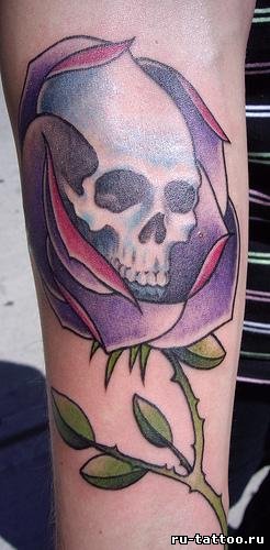 Skull In Purple Rose Tattoo Design For Forearm