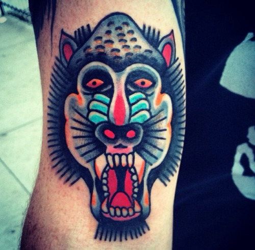 Traditional Mandrill Tattoo On Right Bicep