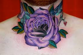 Traditional Purple Rose Tattoo On Back Neck