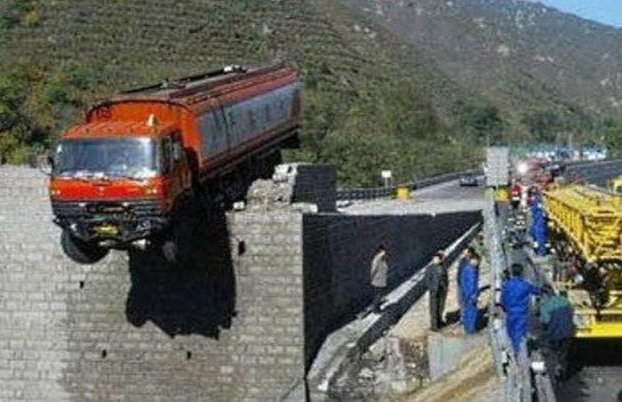 Truck Amazing Hanging On Bridge Funny Picture