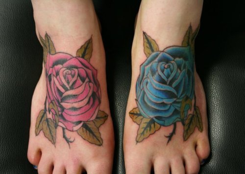 Two Pink And Blue Roses Tattoo On Feet