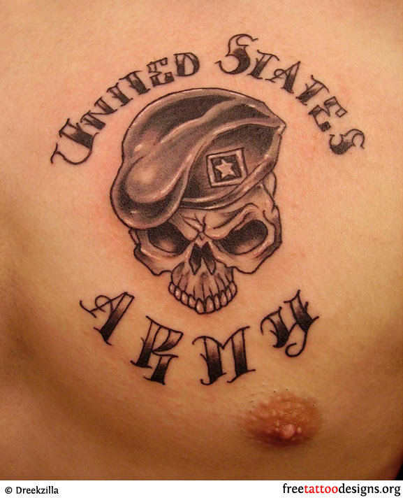 US Army Cap On Skull Head Tattoo On Chest