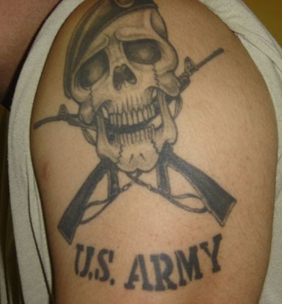 US Army - Skull With Two Crossing Guns Tattoo On Shoulder