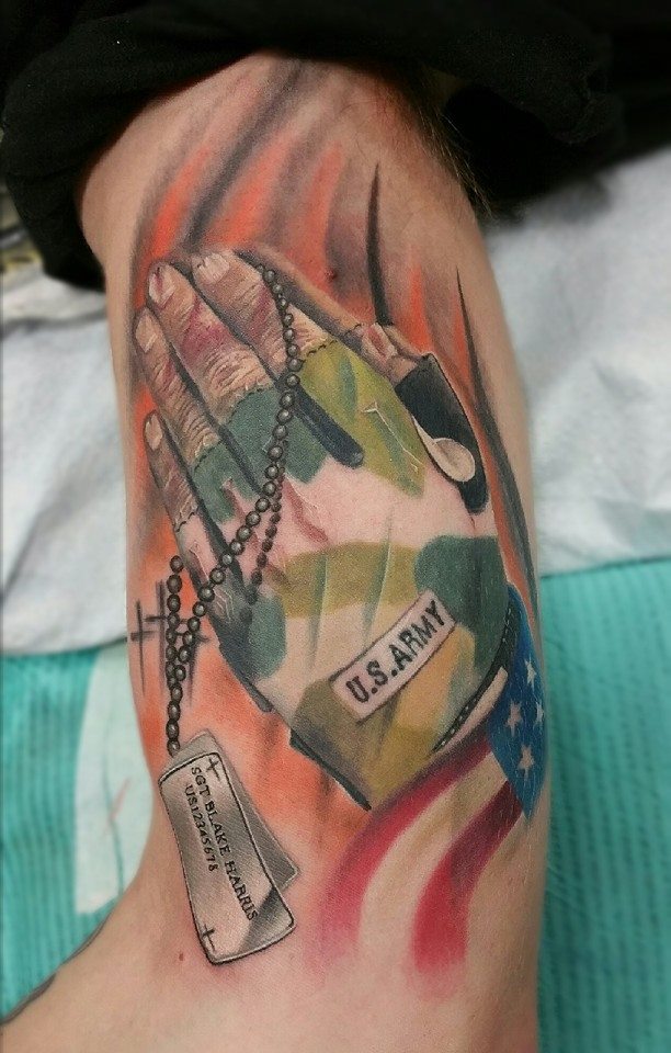 US Army Soldier Praying Hands Tattoo On Half Sleeve