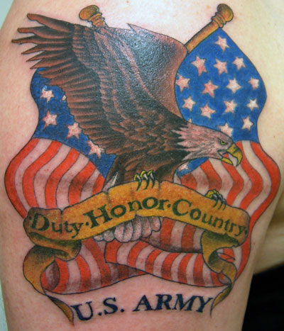 US Army - USA Flag With Eagle And Banner Tattoo On Shoulder