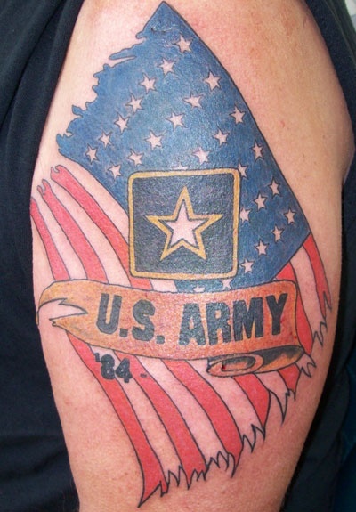 USA Flag With US Army Banner Tattoo On Shoulder