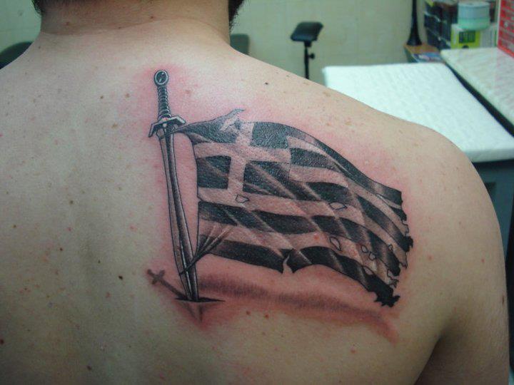 Unique Black Ink Greek Flag Tattoo On Right Back Shoulder