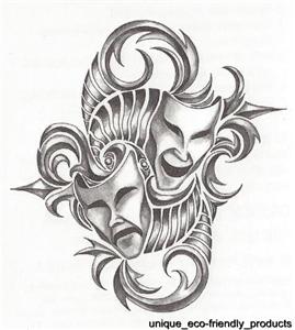 Unique Grey Ink Masks Tattoo Design