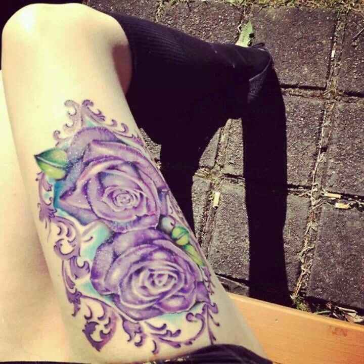 Unique Two Purple Roses Tattoo On Girl Right Thigh